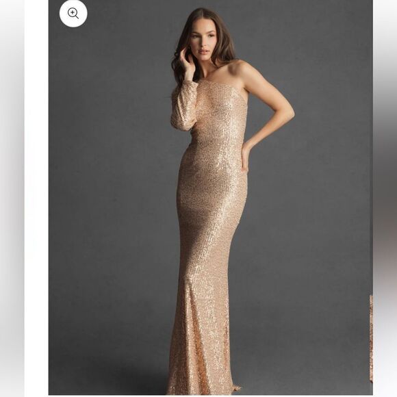 NWT IEENA MAC DUGGAL Gold Sequined One Shoulder Trumpet Gown dress Sz 10 - Picture 1 of 16